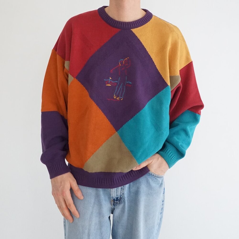 VTG Tosani Colourblock Golfer Argyle Pattern Golf Scene Cotton Knit Sweater XL